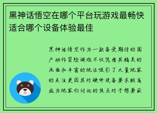 黑神话悟空在哪个平台玩游戏最畅快适合哪个设备体验最佳